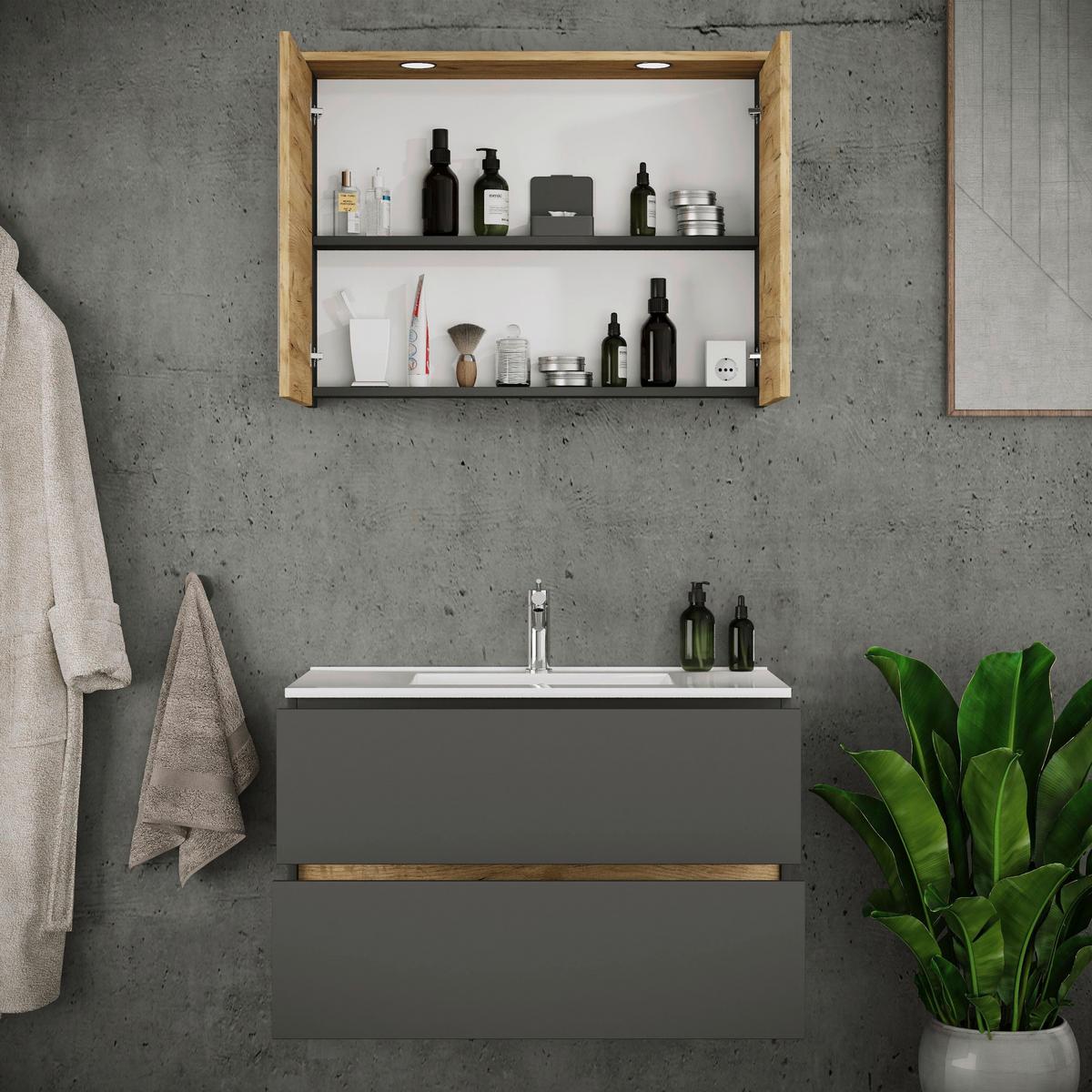 Fürdőszobabútor Cosila - méztölgy színű/antracit, Trend, faalapú anyag/kerámia (110cm) - MID.YOU