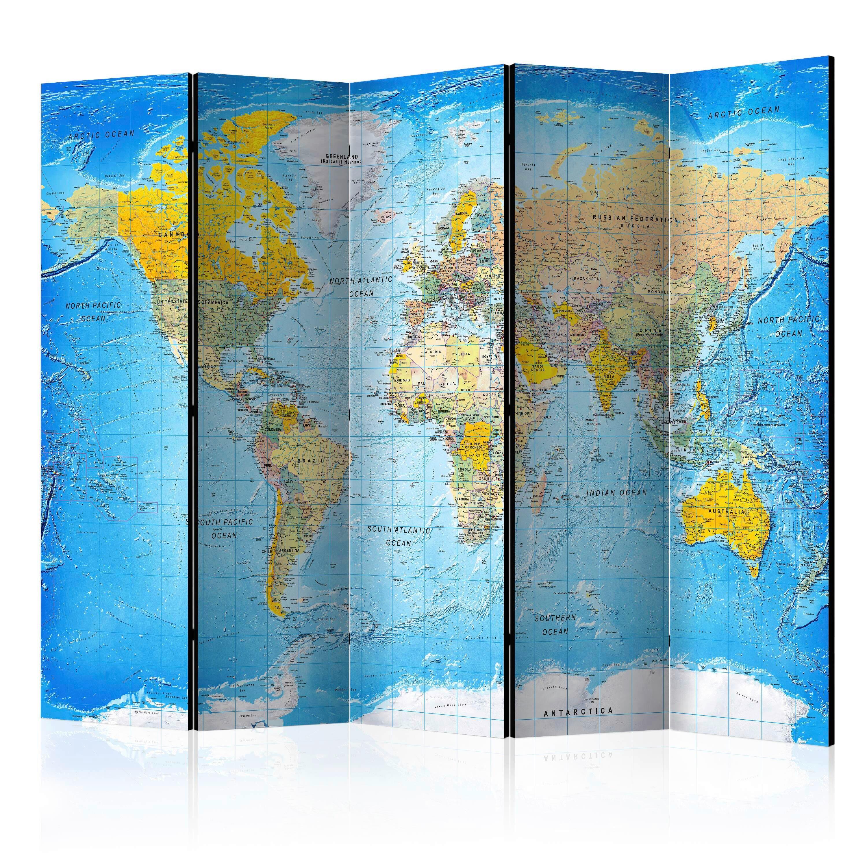 OBOUSTRANNÝ PARAVÁN MAPA SVĚTA - modrá/žlutá, Basics, dřevo/textil (225/172/3cm) - artgeist
