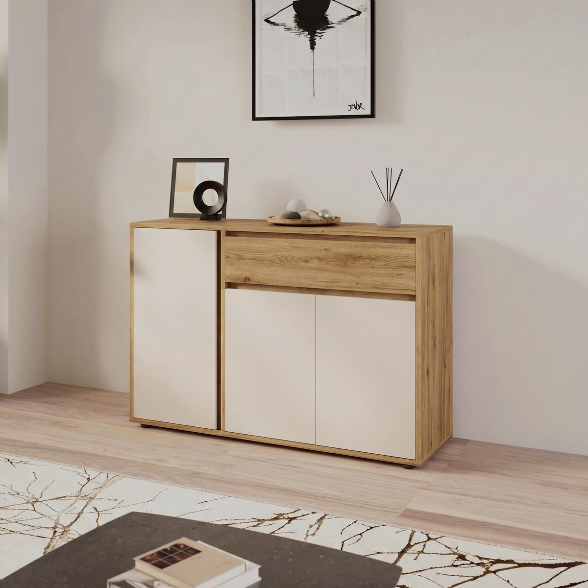 Sideboard Caneva Eiche Artisan/Kaschmir B:128cm - Kaschmir/Schwarz, MODERN, Holzwerkstoff (128/86/40,3cm)