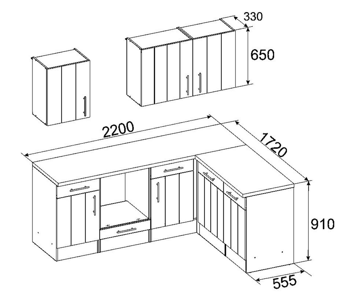 Eckküche Premium mit Geräten 220x172 cm Weiß/Eiche Dekor - Eichefarben/Weiß, ROMANTIK / LANDHAUS, Holzwerkstoff (220/172cm) - Respekta