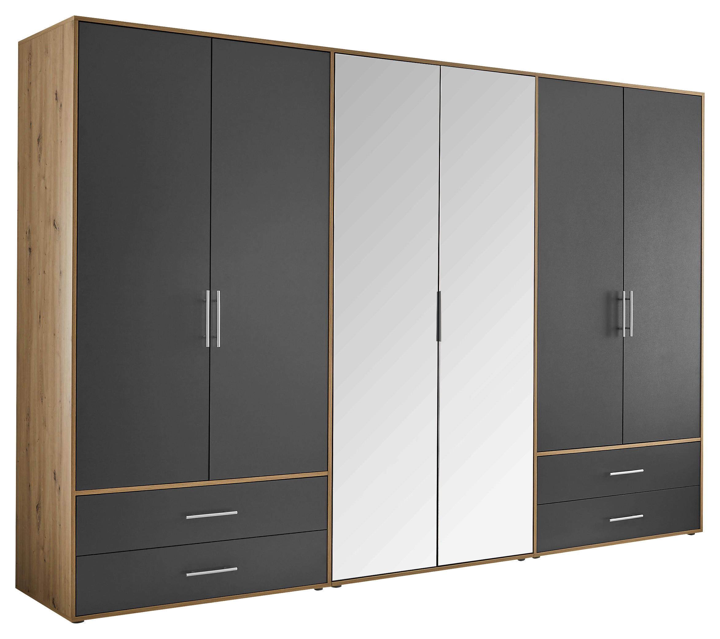 Drehtürenschrank mit Spiegel 302cm Velas Graphitfarben - Graphitfarben/Eiche Artisan, KONVENTIONELL, Glas/Holzwerkstoff (305/207/58cm)