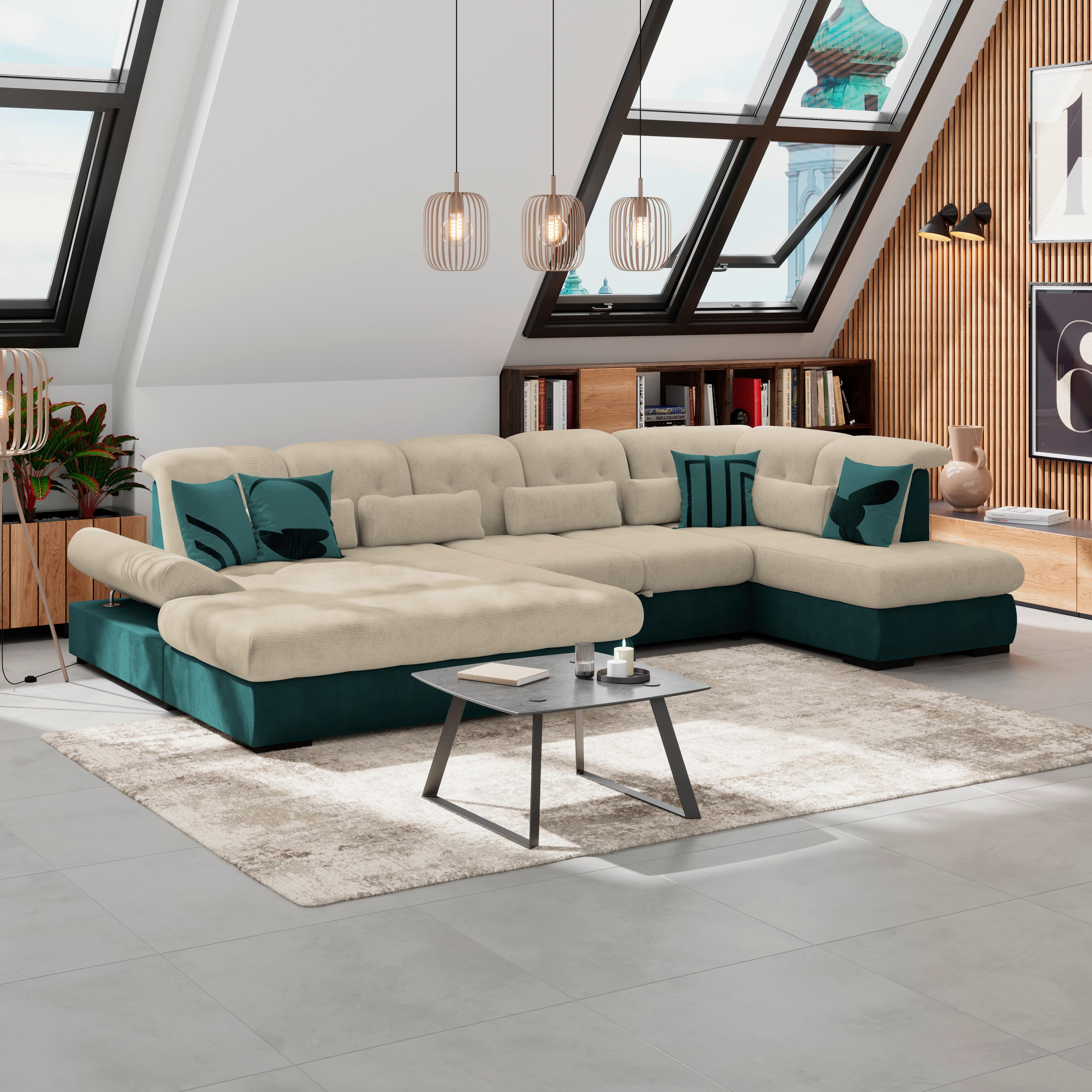 Wohnlandschaft Madera Cremefarben S: 358x212 Cm - Türkis/Creme, KONVENTIONELL, Kunststoff/Textil (190/358/212cm)