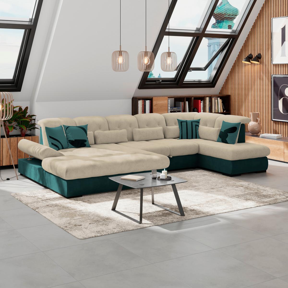 Wohnlandschaft Madera Cremefarben S: 358x212 Cm - Türkis/Creme, KONVENTIONELL, Kunststoff/Textil (190/358/212cm)