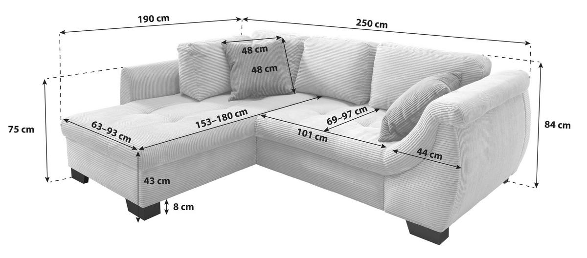Ecksofa mit Schlaffunktion Flora Grün Cord - Beige/Schwarz, Design, Textil (190/250cm) - MID.YOU