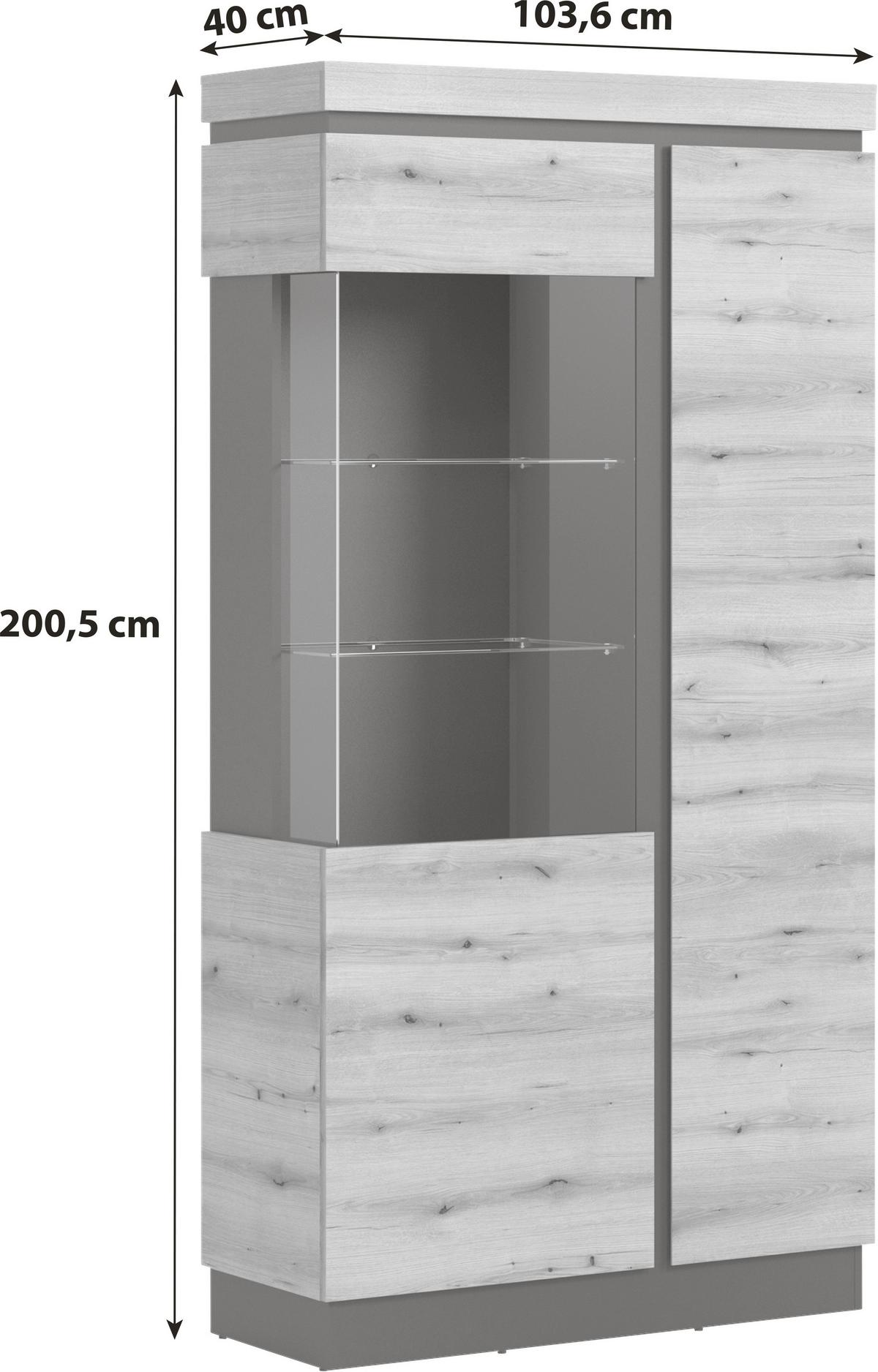 Vitrin Corte - tölgyfa színű/szürke, Trend, faalapú anyag/Üveg (103,6/200,5/40cm)
