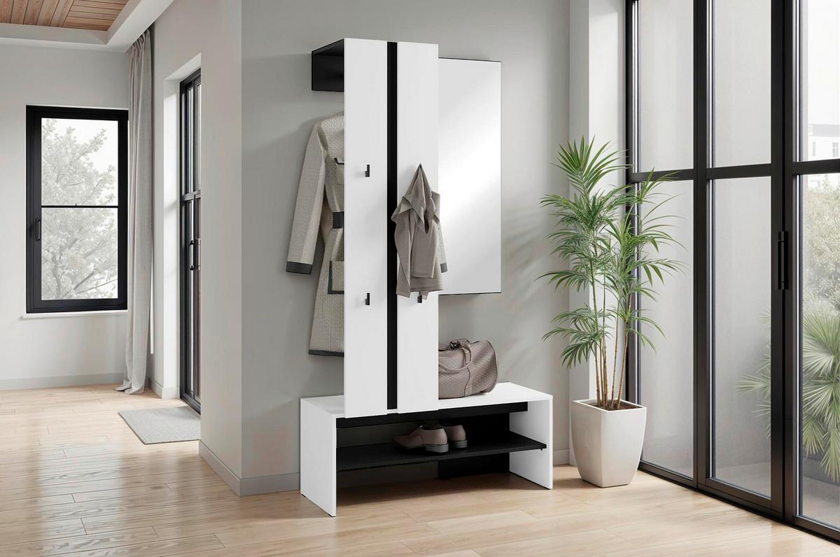 Garderobe Nante Set Weiß/schwarz B: 100 Cm - Schwarz/Weiß, Design, Holzwerkstoff (100/186/40cm) - MID.YOU