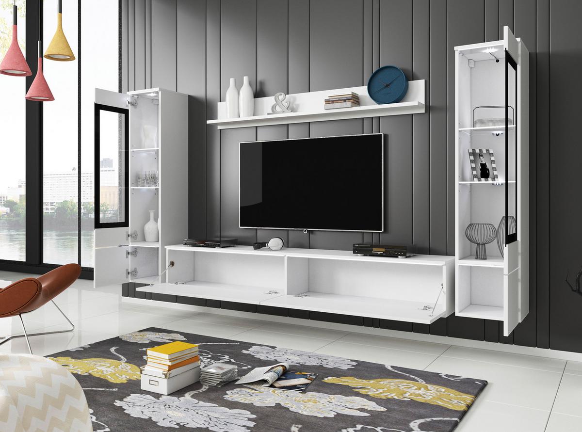 Obývacia stena s LED biela vysoký lesk - sivá/biela, Lifestyle, kompozitné drevo/plast (240/130/33cm) - P & B