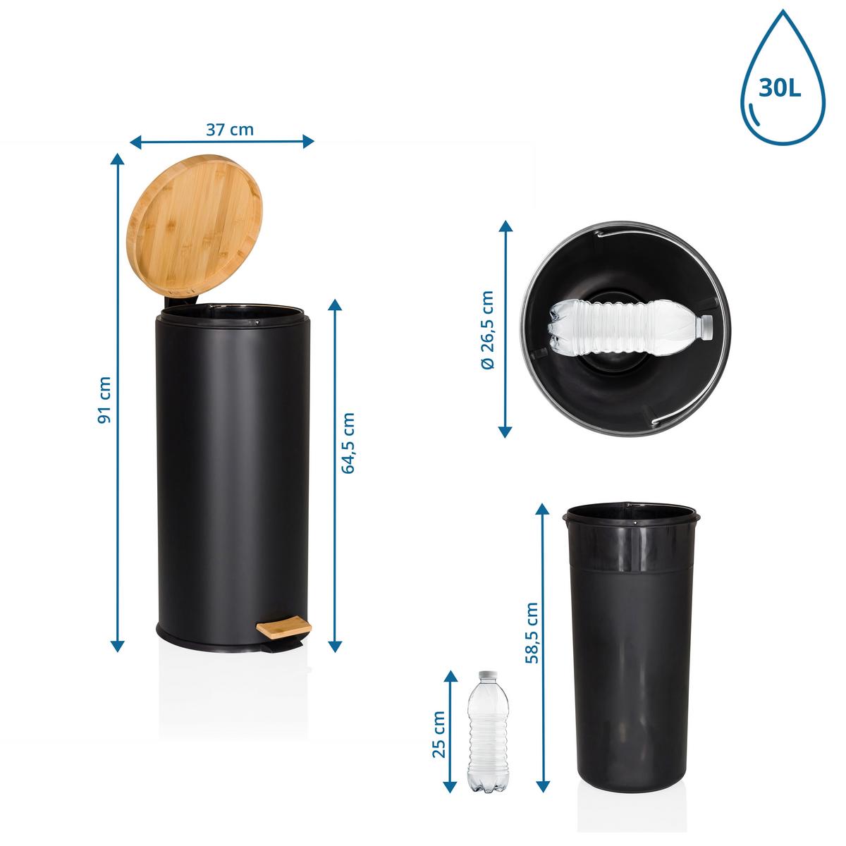 ABFALLEIMER Clean Bamboo Schwarz B: 37cm - Schwarz, MODERN, Kunststoff/Metall (37/64,5/29cm) - MID.YOU