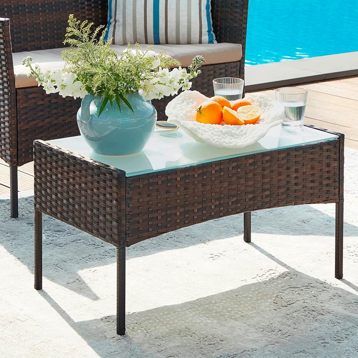 Gartenset 4-tlg. Dunkelbraun Inkl. Tisch Mit Glasplatte - Dunkelbraun/Beige, MODERN, Glas/Kunststoff - Modante