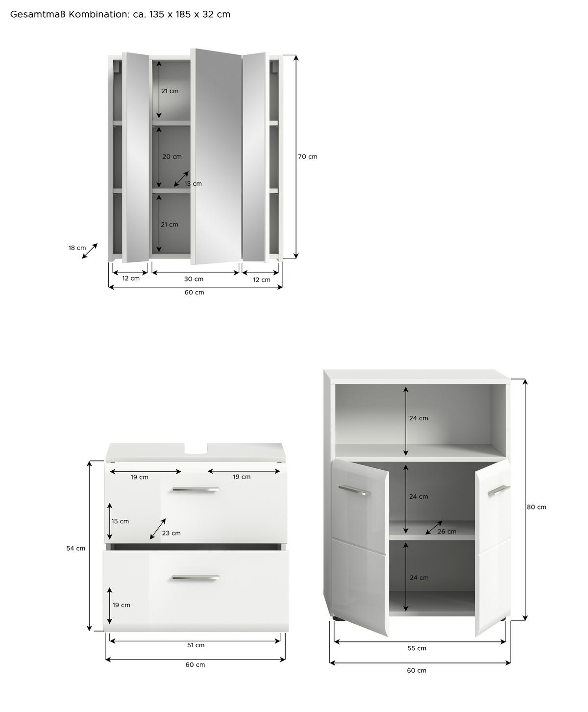 Badezimmer Ice Weiß Hg B: 120 Cm - Weiß Hochglanz/Schwarz, MODERN, Glas/Holzwerkstoff (120cm) - MID.YOU