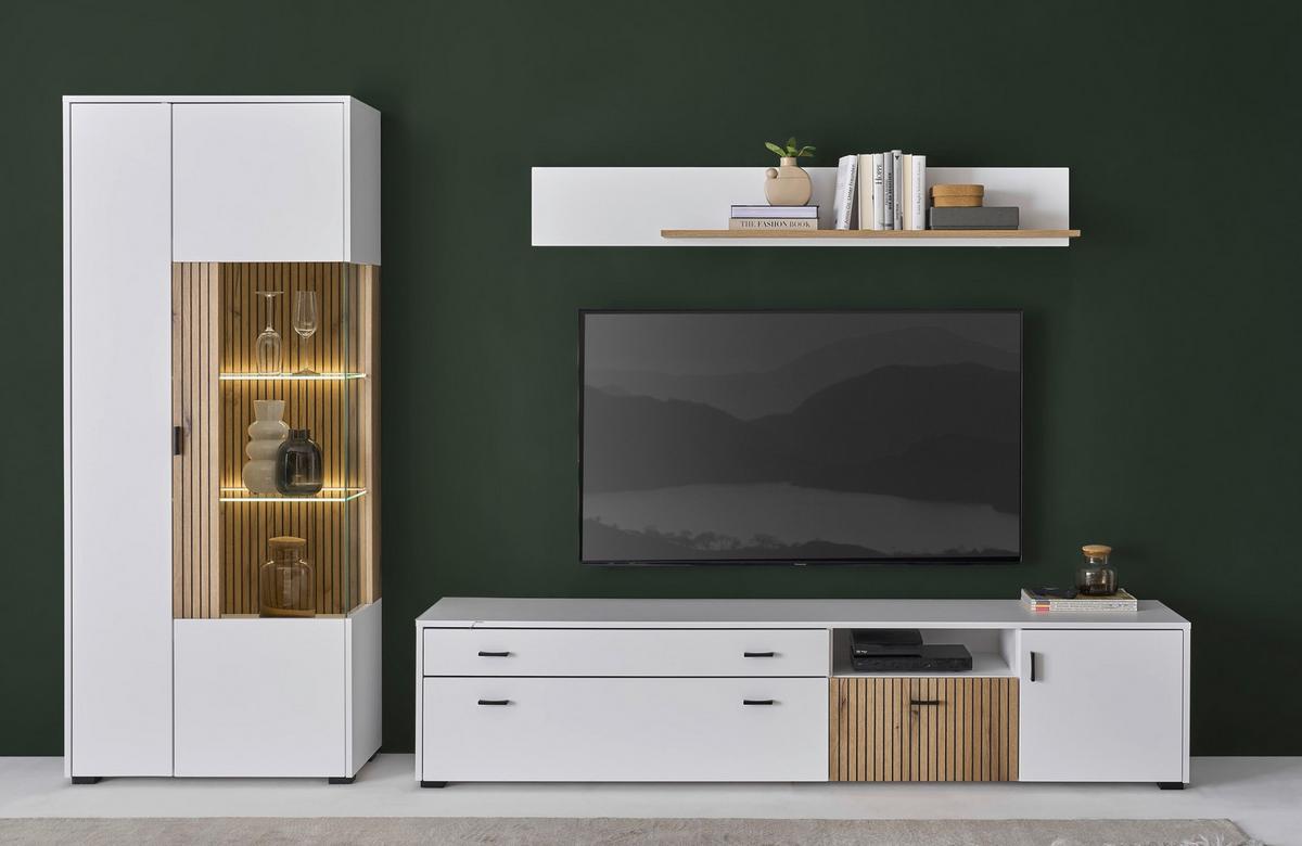 Hudson Wohnwand Weiß/Eichefarben B: 328 cm - Eichefarben/Schwarz, Design, Glas/Holzwerkstoff (328/180/42cm) - MID.YOU