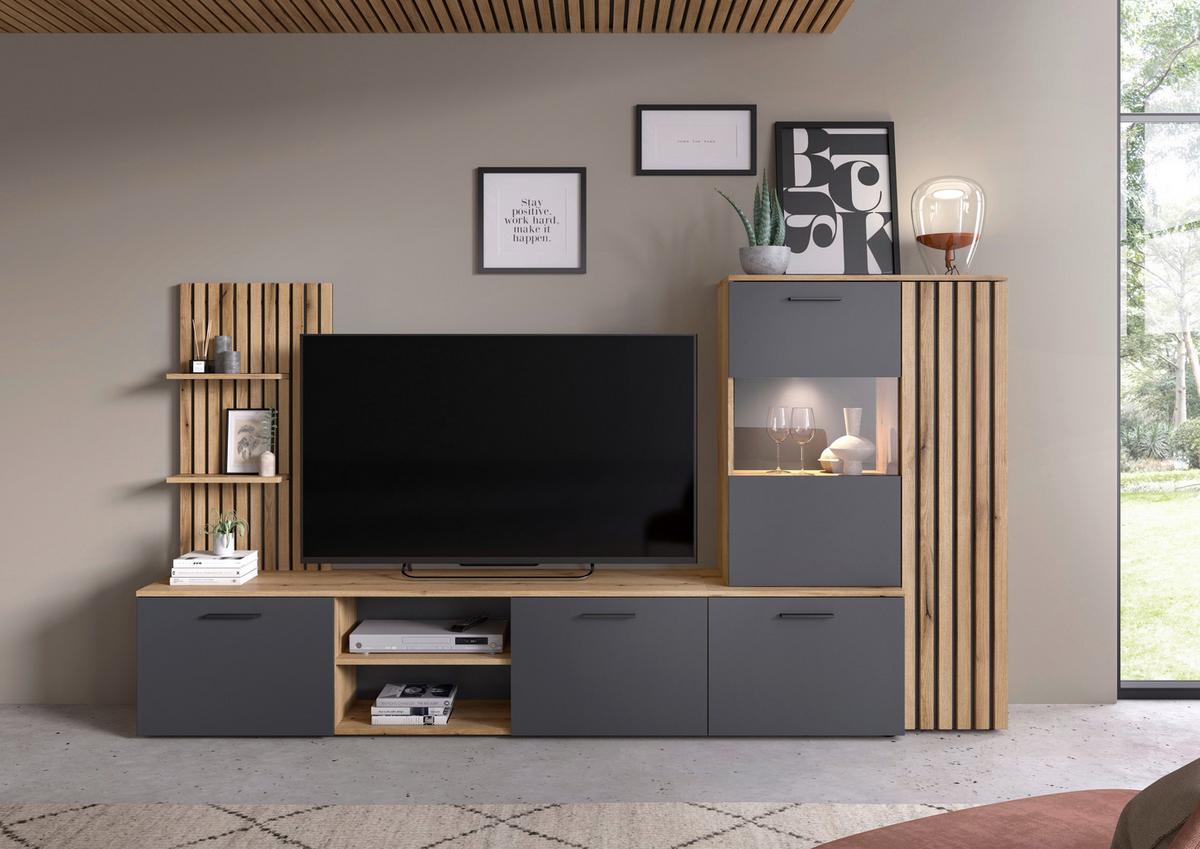 Obývací stěna Mailand š: 250cm - barvy dubu/černá, Moderní, kompozitní dřevo/plast (250/135/38cm) - Mömax