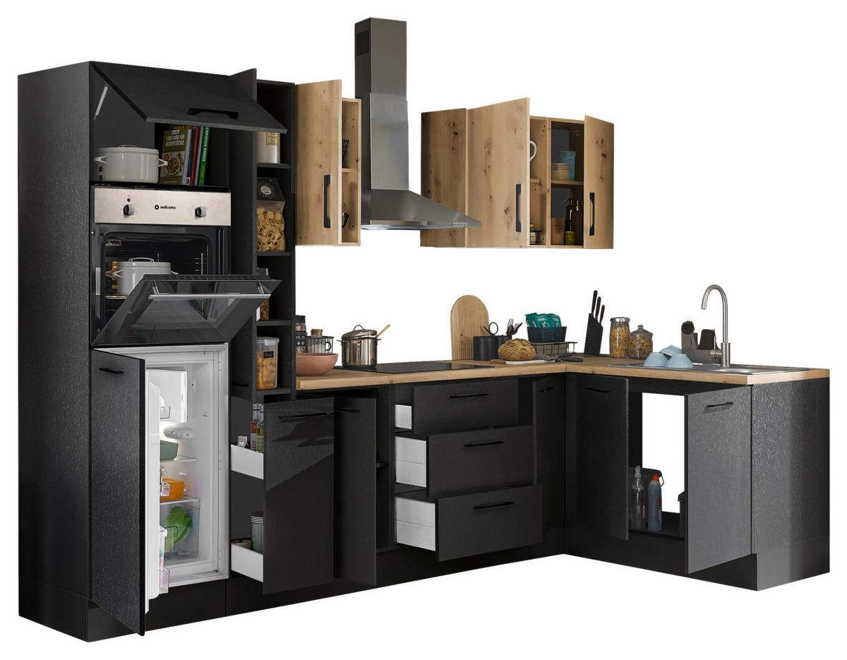 Eckküche Turin Schwarz/Eiche Dekor 300x165 cm - Schwarz/Eiche Artisan, Basics, Holzwerkstoff (300/165cm) - MID.YOU