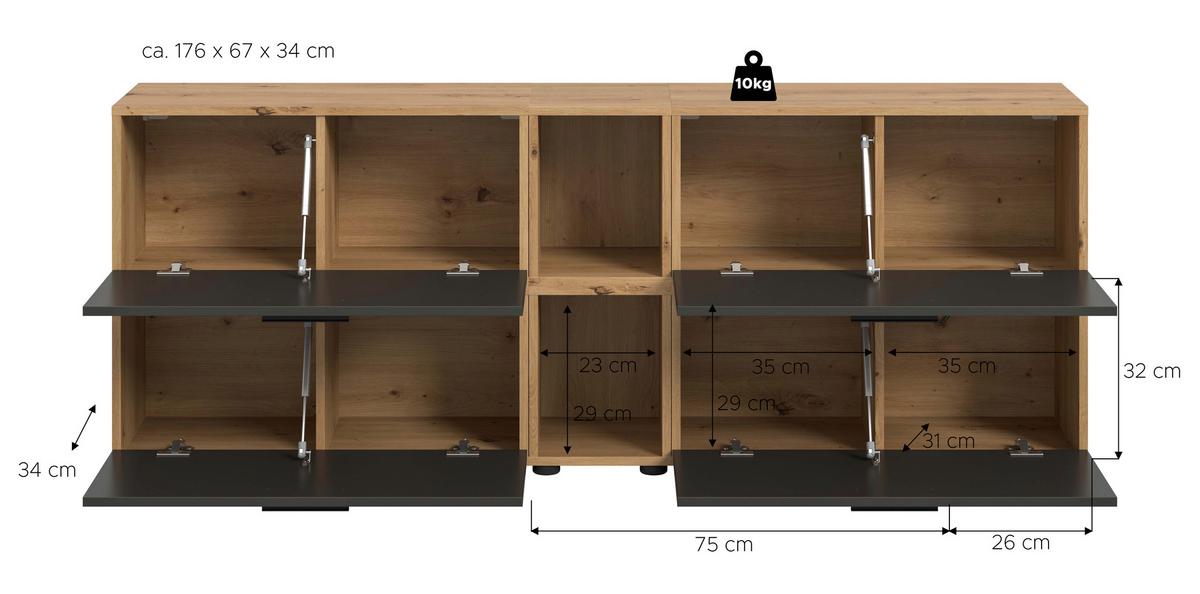 Wohnwand, The One 6, B: 176 cm Grau/Artisan Eiche Dekor - Schwarz/Eiche Artisan, Trend, Holzwerkstoff (176/67/34cm)