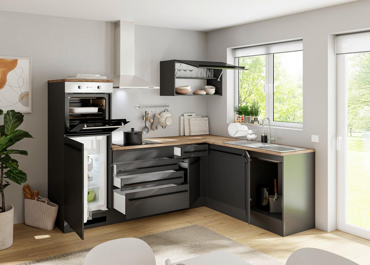 Kuchynský blok JAZZ 6 bez spotrebičov, šírka 260cm - čierna/farba duba, Modern, kompozitné drevo (260/200/60cm) - Modern Living
