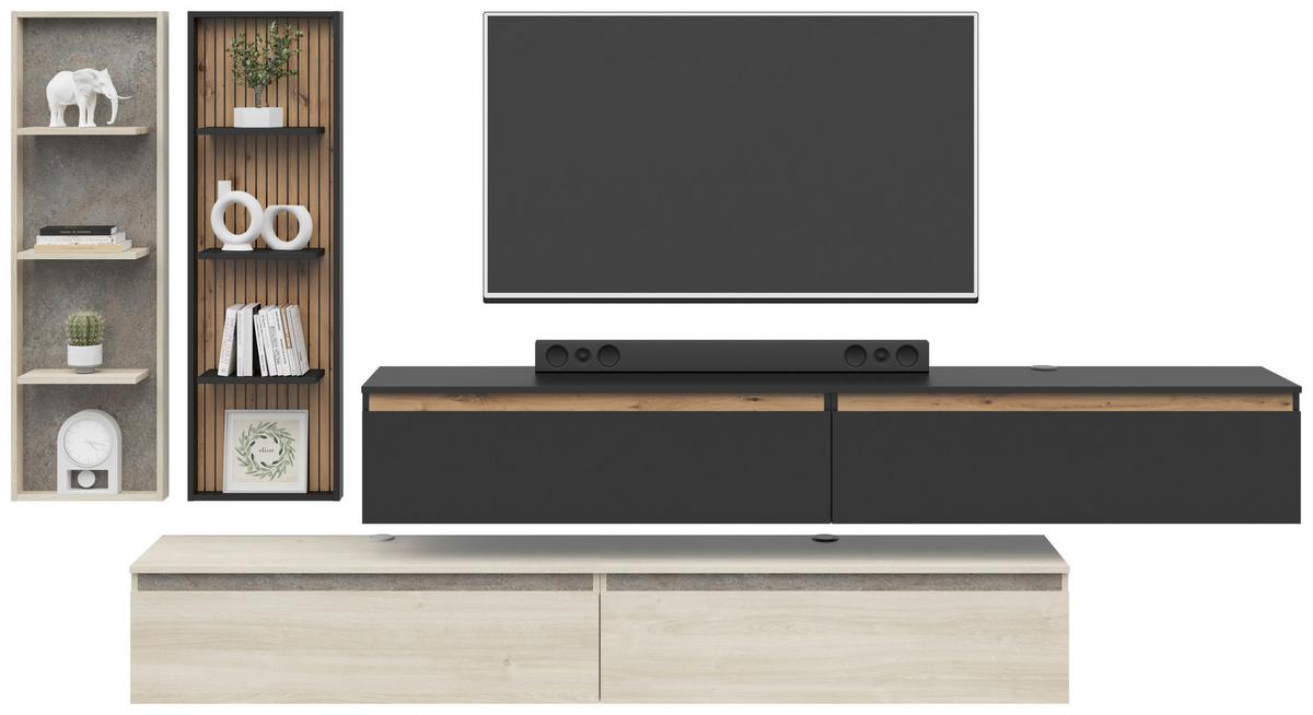 Lowboard Pascal 230cm, Schwarz Pascal - Schwarz/Eiche Artisan, MODERN, Holzwerkstoff (200/160/35cm)