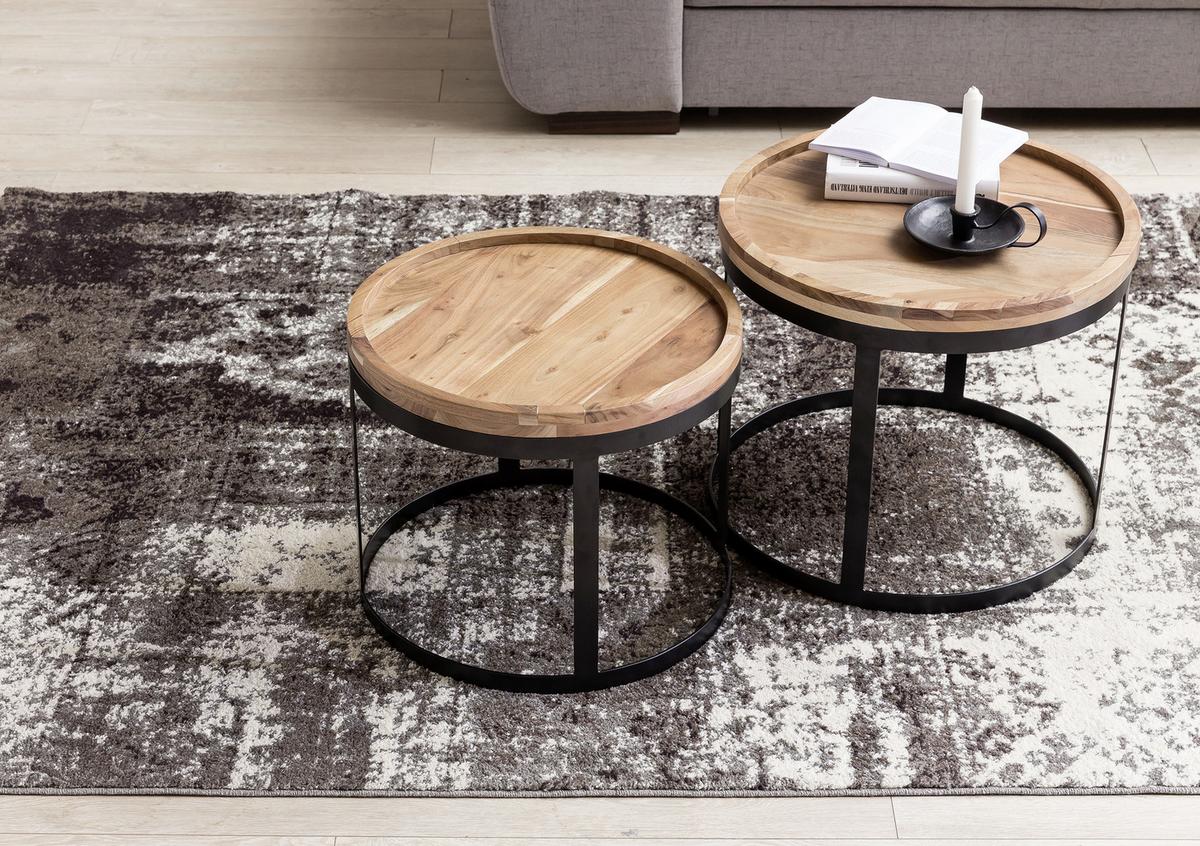 Príručný stolík Akola sada 2ks masív - čierna/farba akácie, Design, kov/drevo (53/48/53/48/45/40cm) - MID.YOU
