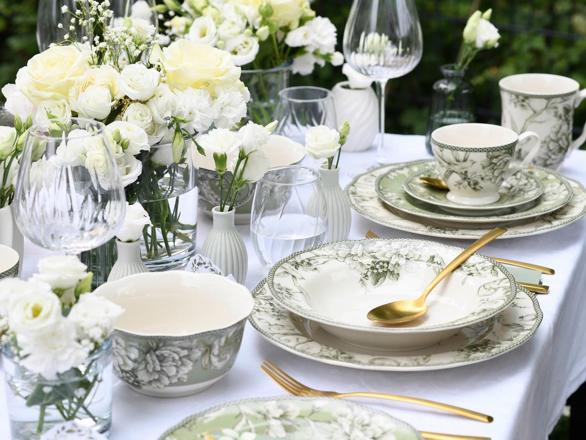Kombiservice, 16-Teilig für 4 Personen, Porzellan - Weiß/Grün, Basics, Keramik - Creatable