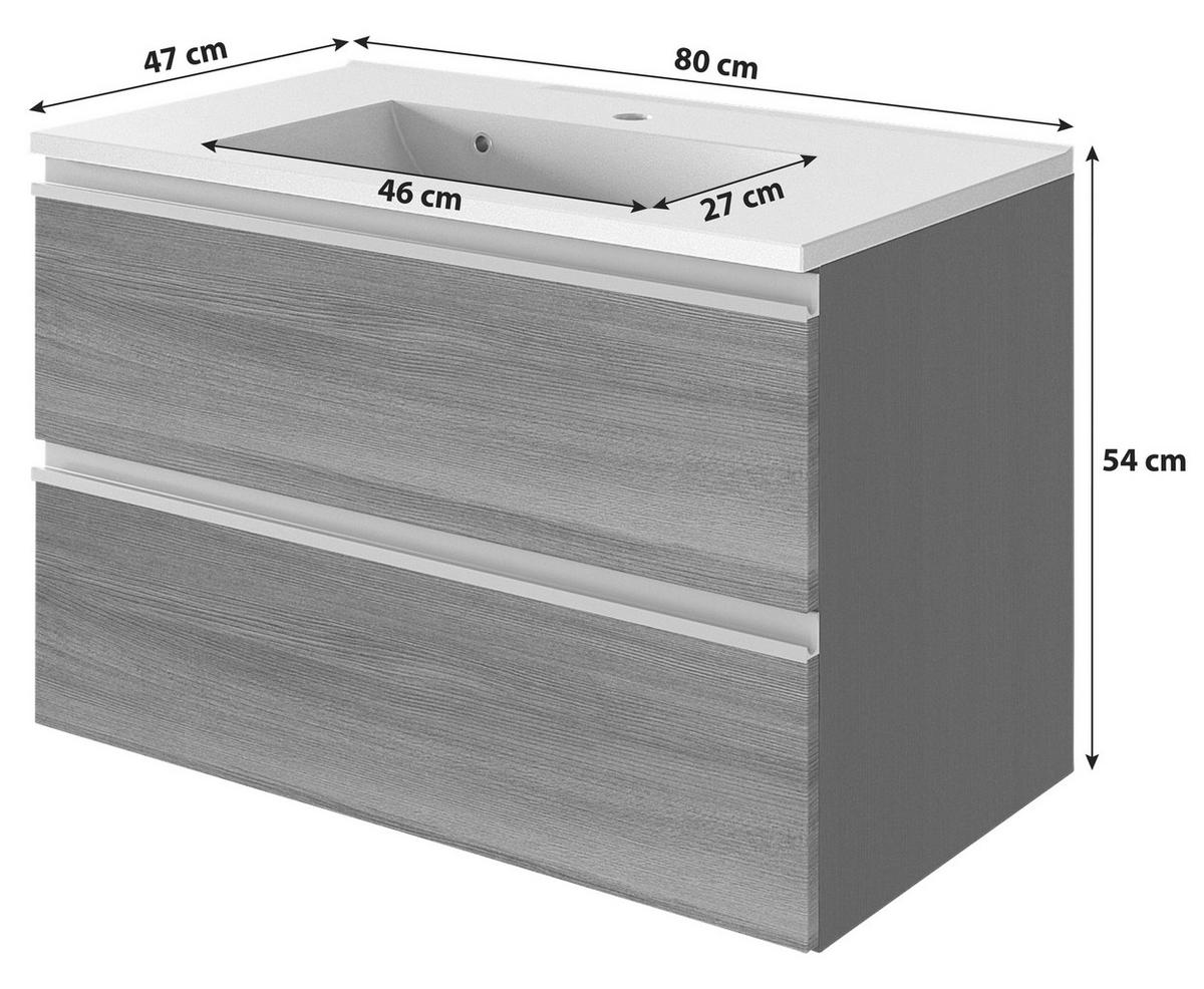 Waschbecken mit Unterschrank Arezzo B: 80cm, Graphit Dekor - Graphitfarben/Weiß, Basics, Holzwerkstoff/Stein (80cm) - Held