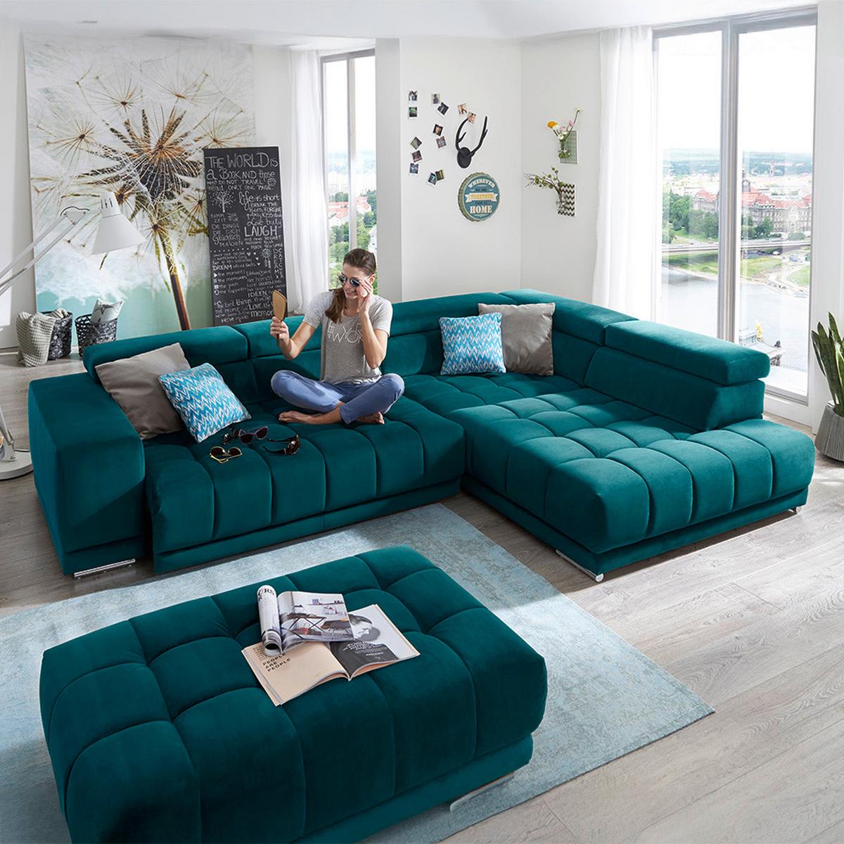 Sedacia súprava IBA, pravá, tyrkysová, bez funkcií - chrómová/tyrkysová, Lifestyle, textil (323/222cm) - Premium Living