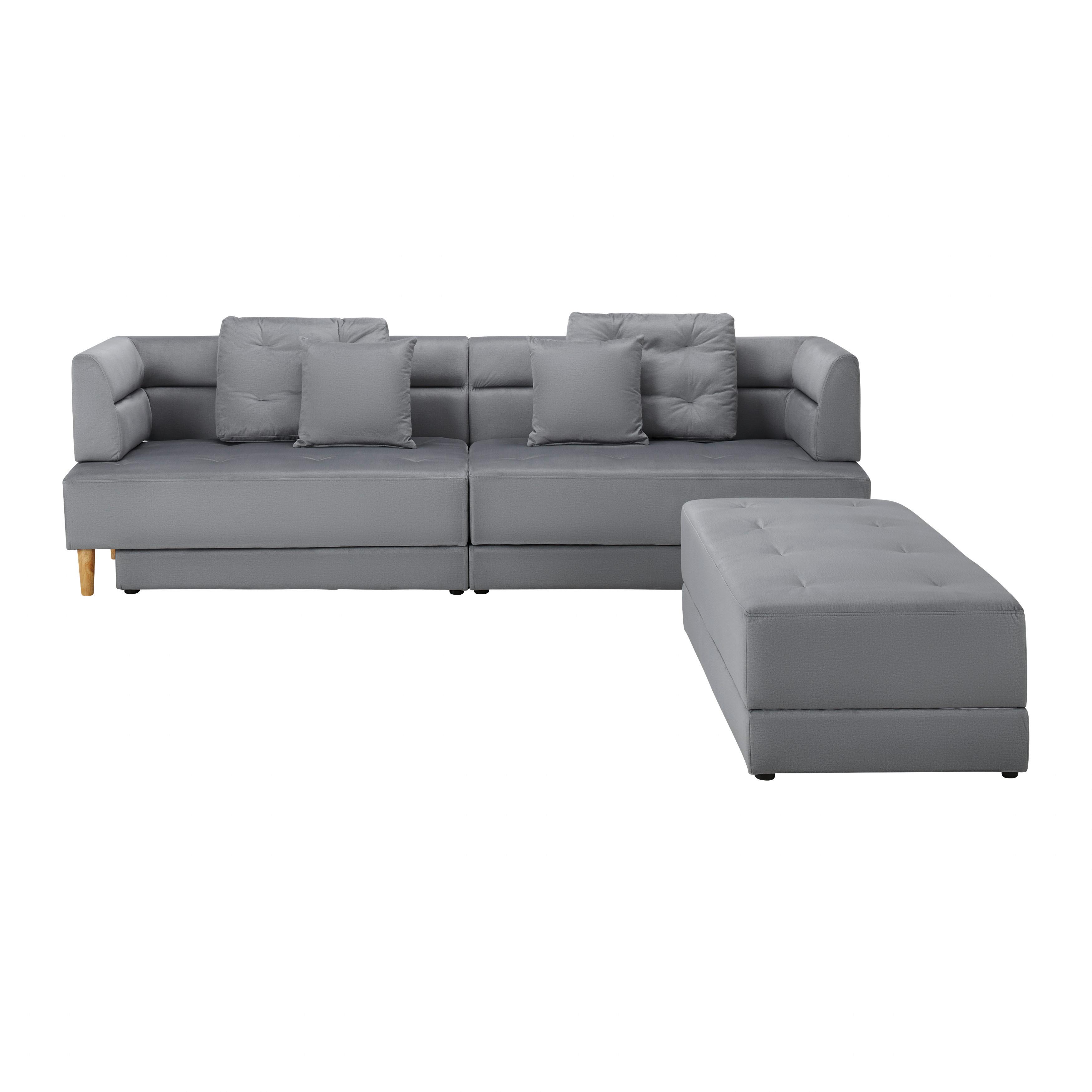 Pohovka s taburetkou ELIZA svetlá sivá - čierna/prírodná farba, Modern, drevo/textil (260/75/210cm) - Bessagi Home