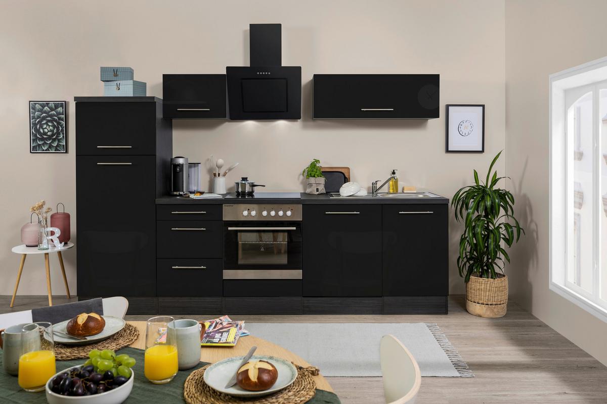 Küchenzeile Mit Geräten B: 280 Cm Schwarz Hochglanz - Schwarz/Grau, KONVENTIONELL, Holzwerkstoff (280cm) - Respekta