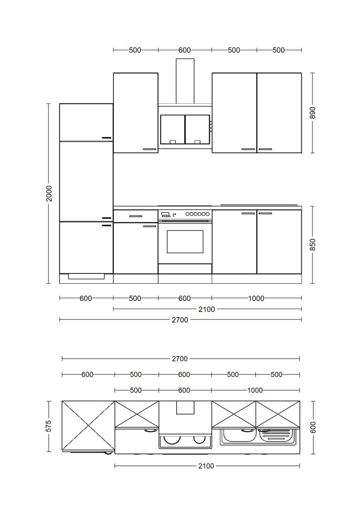 Küchenzeile Wito mit Geräten 270 cm Grau/Weiß Elegant - Hellgrau/Weiß, MODERN, Holzwerkstoff (270cm) - FlexWell