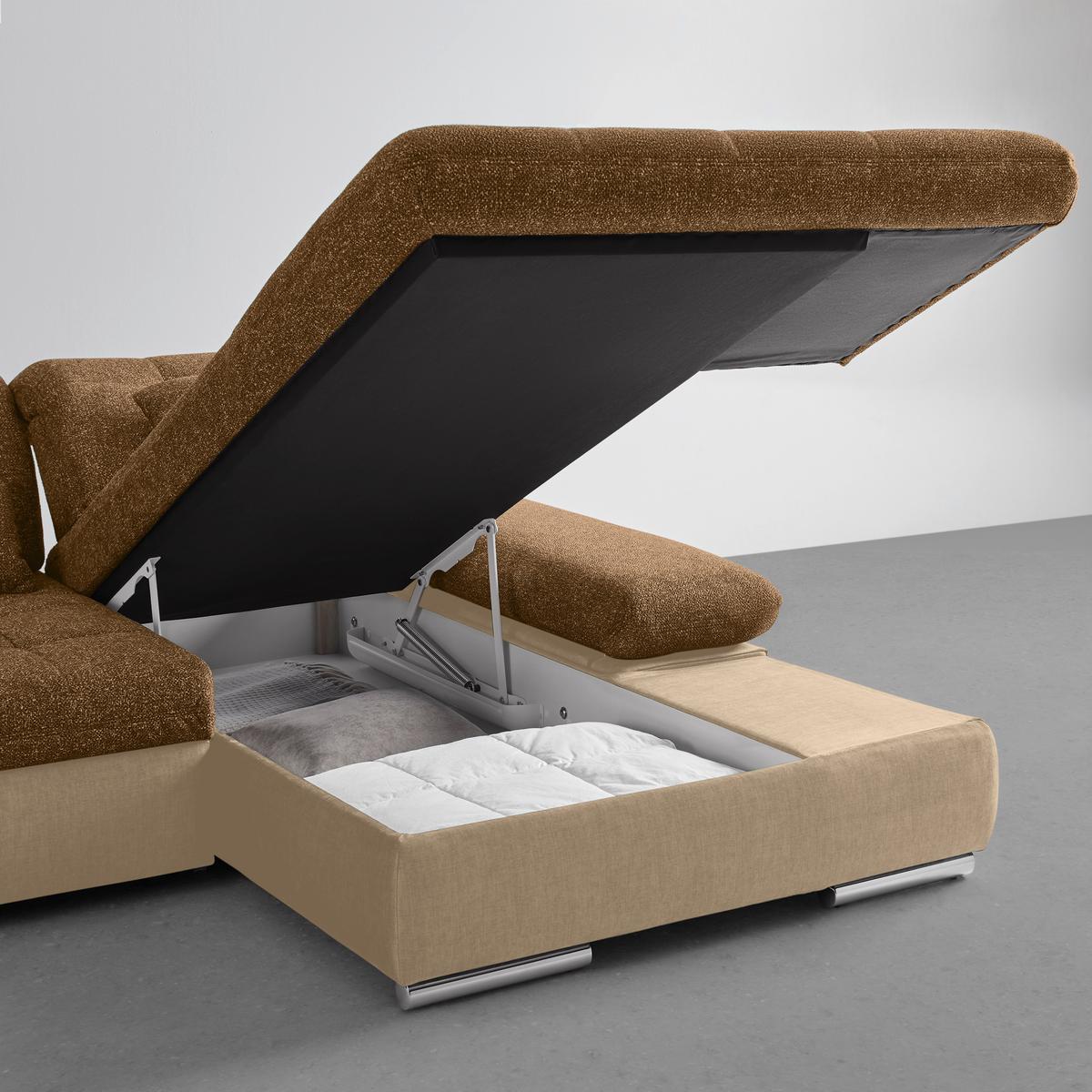 Rohová sedačka SANFINO, pravá, šedohnědá / koňaková - barvy chromu/koňaková, Konvenční, kov/dřevo (305/79-96/199cm) - Premium Living