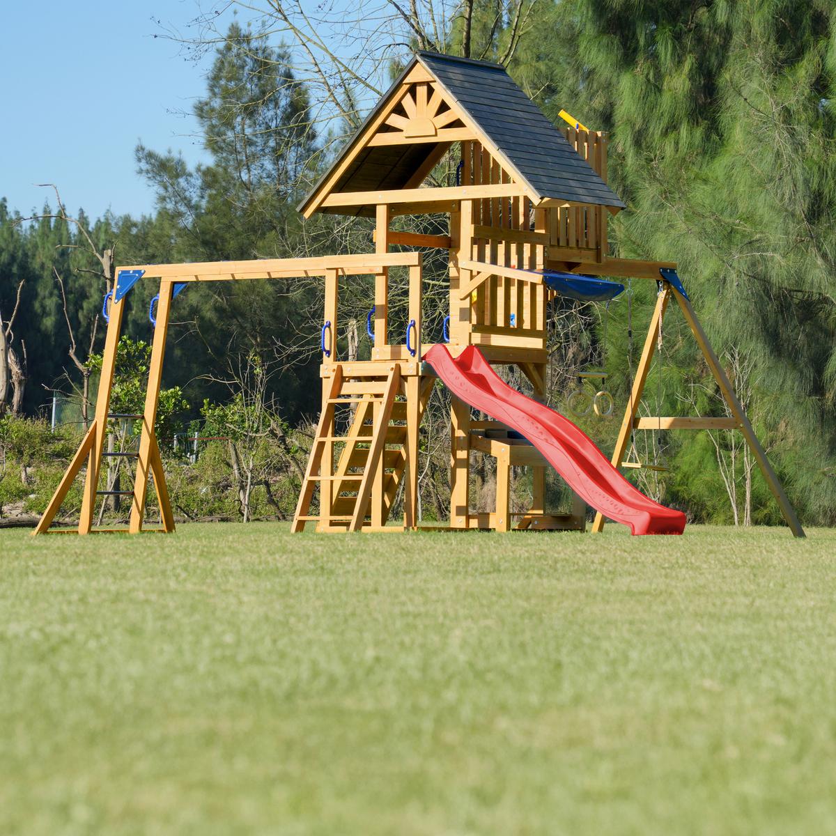 Spielturm mit Rutsche Rot - Anthrazit/Rot, Basics, Holz/Kunststoff (482/500/338cm) - Ambia Garden