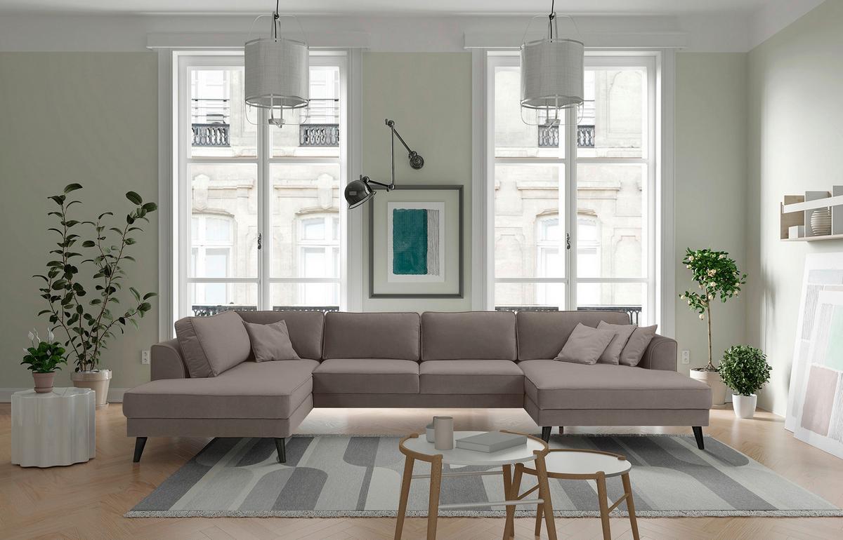 Wohnlandschaft Lumber Jack Taupe Velours - Taupe/Wengefarben, MODERN, Textil (201/348/169cm) - Trendmanufaktur