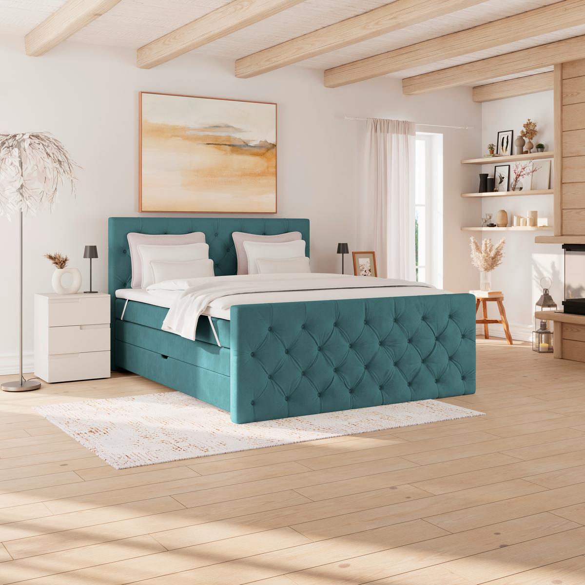 Boxspringbett Elio Petrol 180x200 cm H2 - Beige/Petrol, ROMANTIK / LANDHAUS, Textil (180/200cm) - James Wood