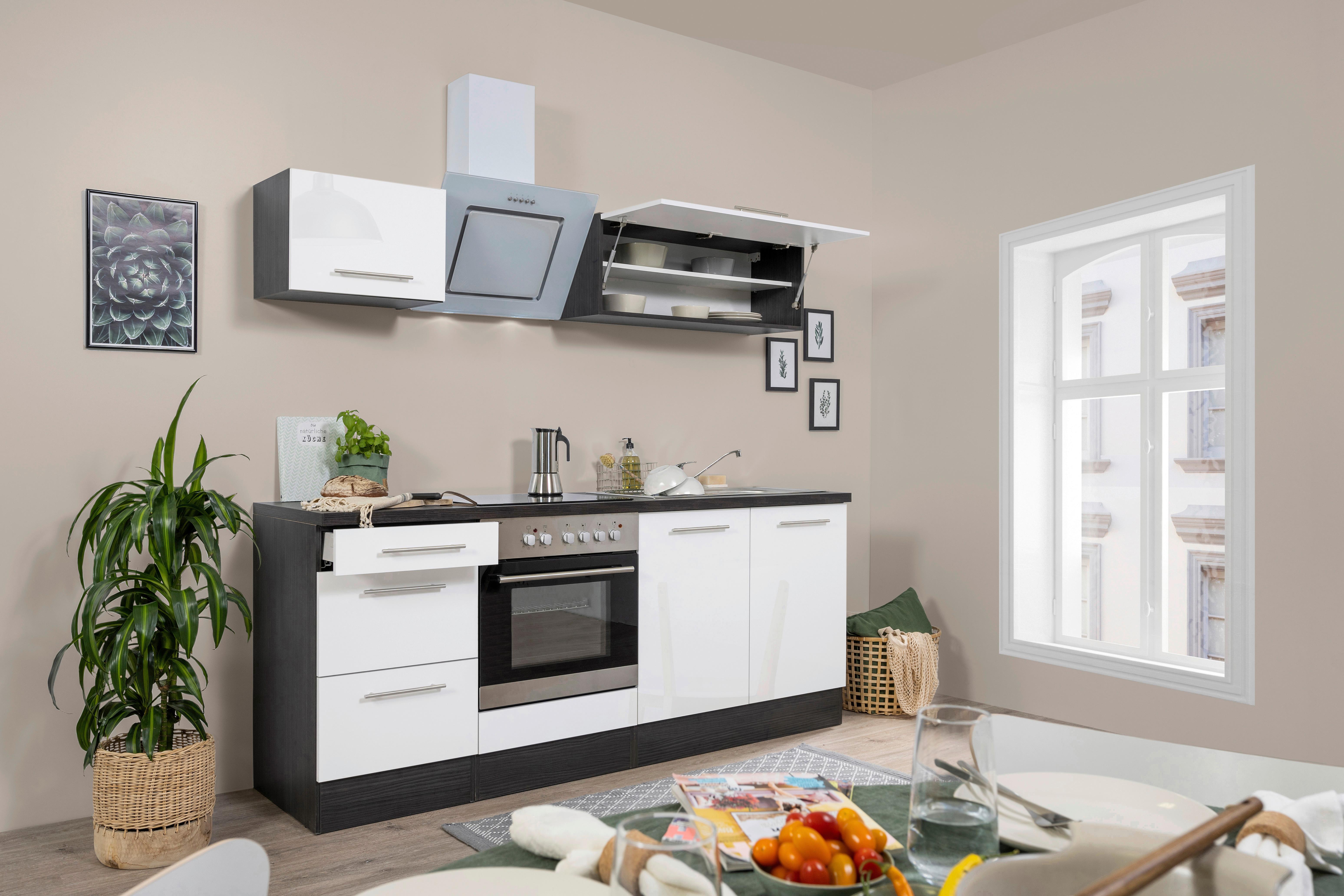 Küchenzeile mit Geräten 210 cm Weiß/Grau - Weiß/Grau, Basics, Holzwerkstoff (210cm) - Respekta