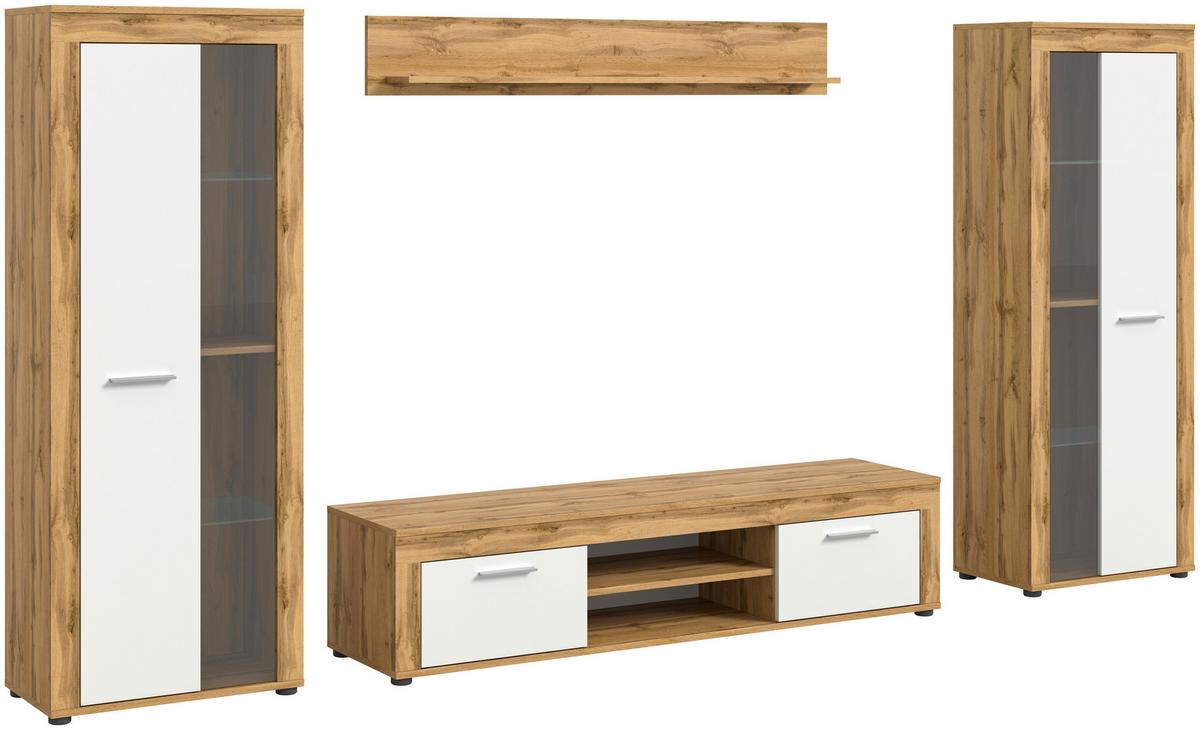 Wohnwand Jam Eiche Wotan Dekor B: 310cm - Eiche Wotan/Schwarz, Design, Glas/Holzwerkstoff (310/159/35cm) - MID.YOU