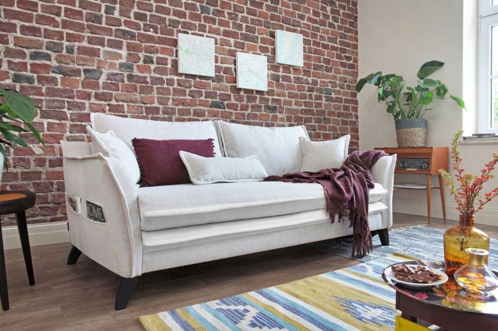 Dreisitzer-Sofa mit Kissen Charming Charlie, Webstoff - Beige/Schwarz, Basics, Textil (180/85/90cm) - MID.YOU