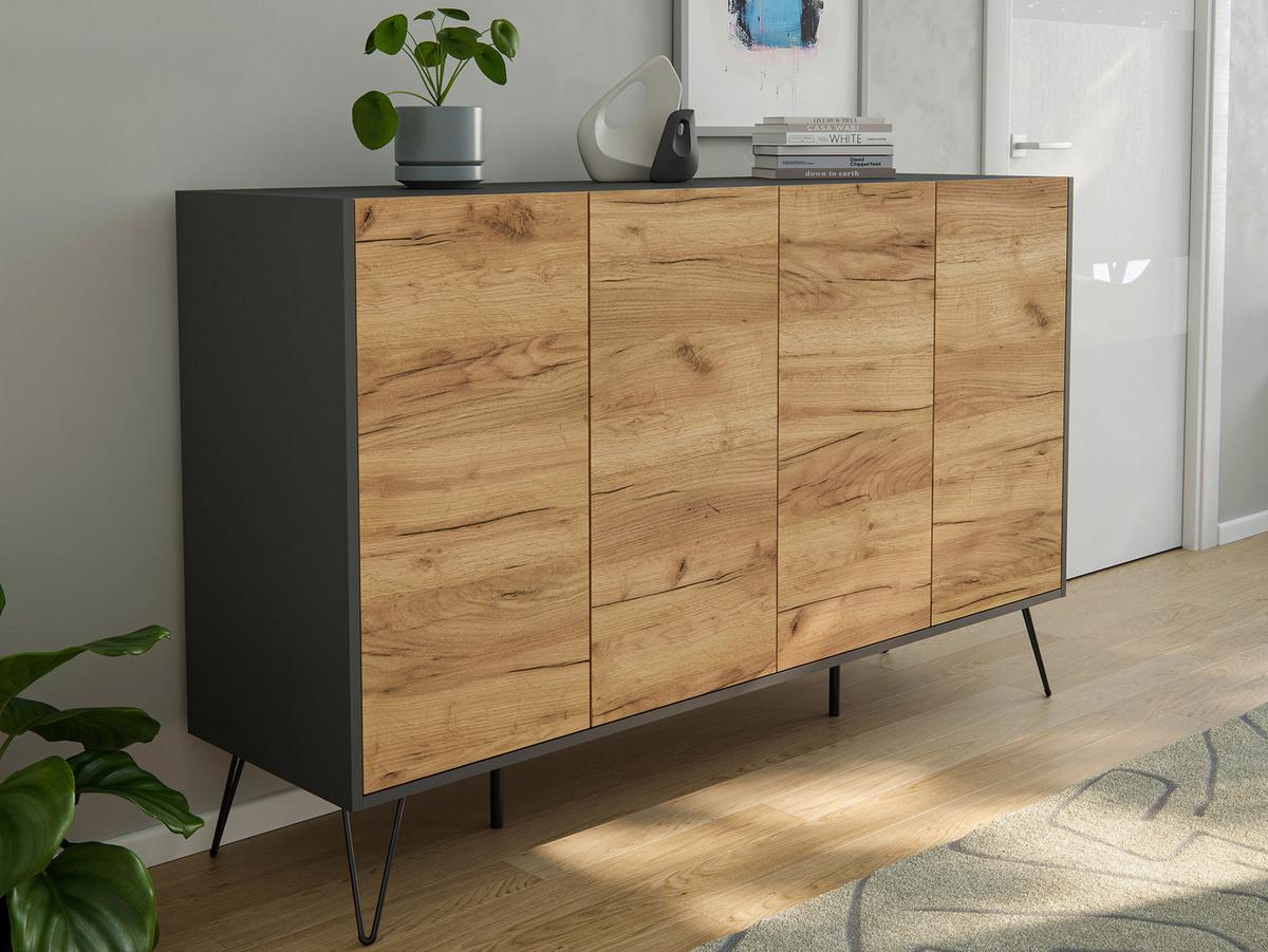 Sideboard Posseik Industrial Graphitfarben/eichef. 155 Cm - Eichefarben/Schwarz, Design, Holzwerkstoff (155/93,6/42cm) - P & B