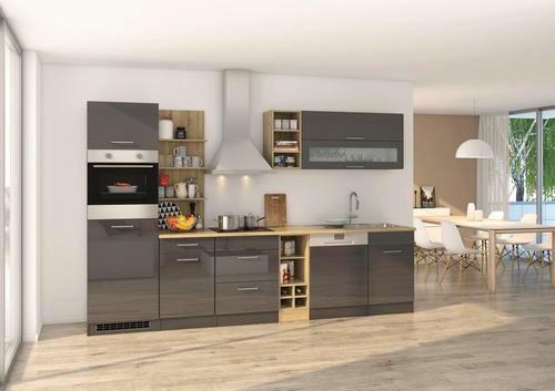 Küchenzeile Mailand mit Geräten 310 cm Anthrazit Elegant - Eichefarben/Anthrazit, MODERN, Holzwerkstoff (310cm) - Held