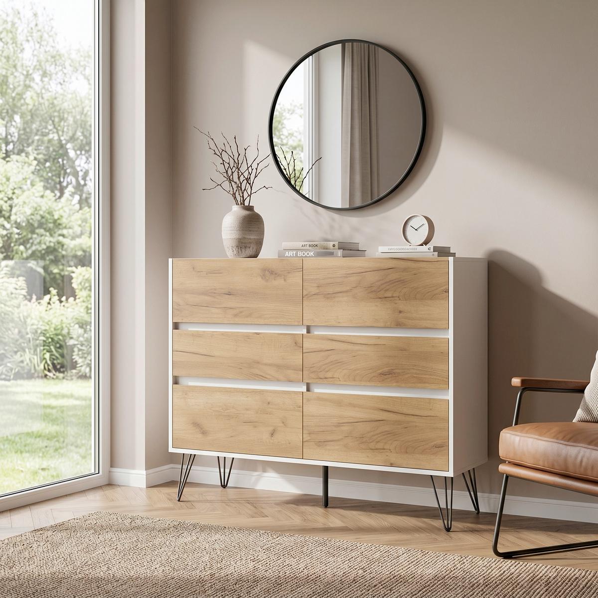 Sideboard Posseik Industrial Weiß/Eichefarben B: 120 cm - Weiß Hochglanz/Eichefarben, Design, Holzwerkstoff (120/93,6/42cm) - MID.YOU