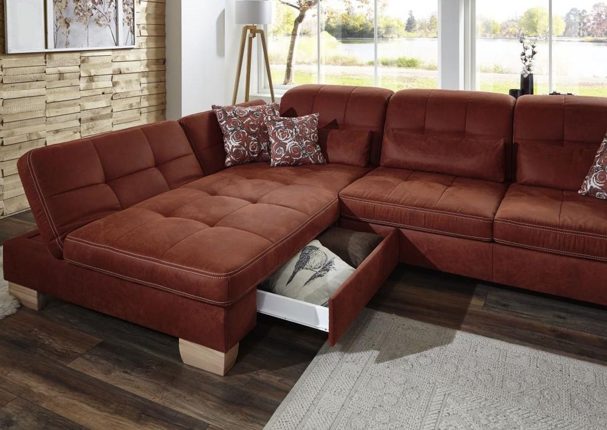 Sedací souprava ELLA, levá, cihlová, s funkcemi - divoký dub/terracotta, Moderní, dřevo/textil (243/273cm)