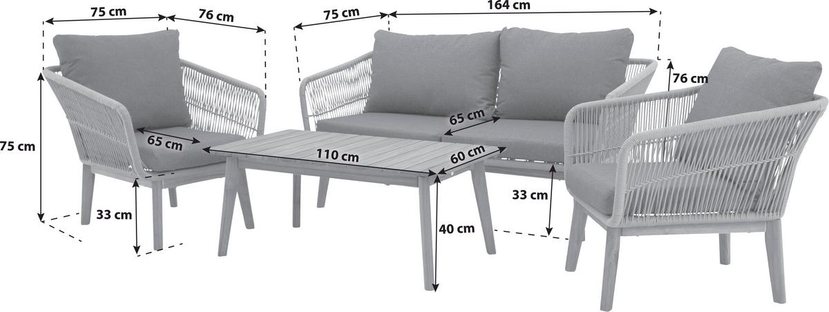Loungegarnitur 4-Tlg Chania Holz/Metall/Textil mit Kissen - Grau/Akaziefarben, KONVENTIONELL, Holz/Textil (164/75null) - Gardenson