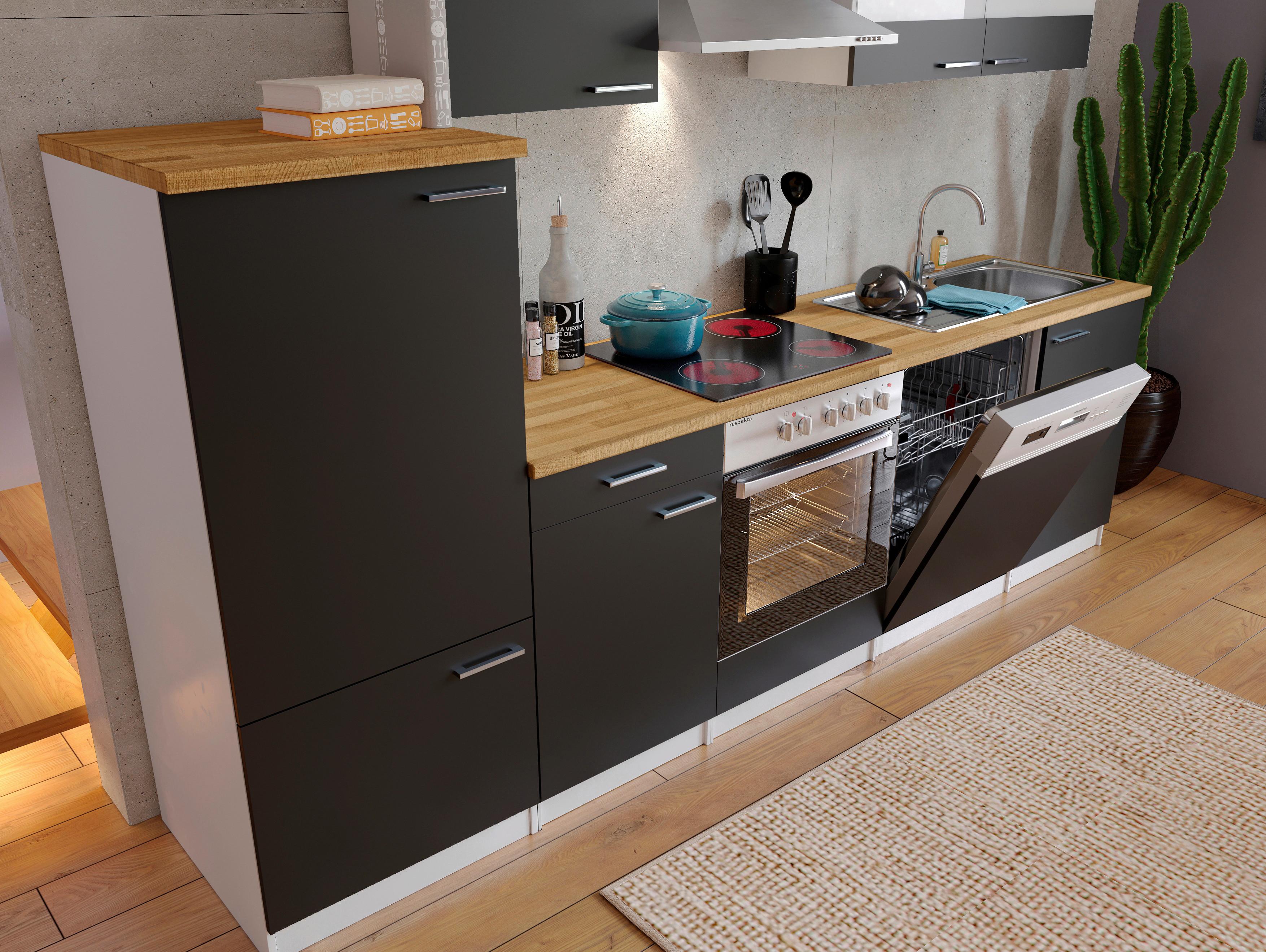 Front: Schwarz • Platte: Nussbaum Dekor • inkl. E-Geräte/Einbauspüle • B/H/T: ca. 280/200/60 cm • max. belastbar: ca. 200 kg