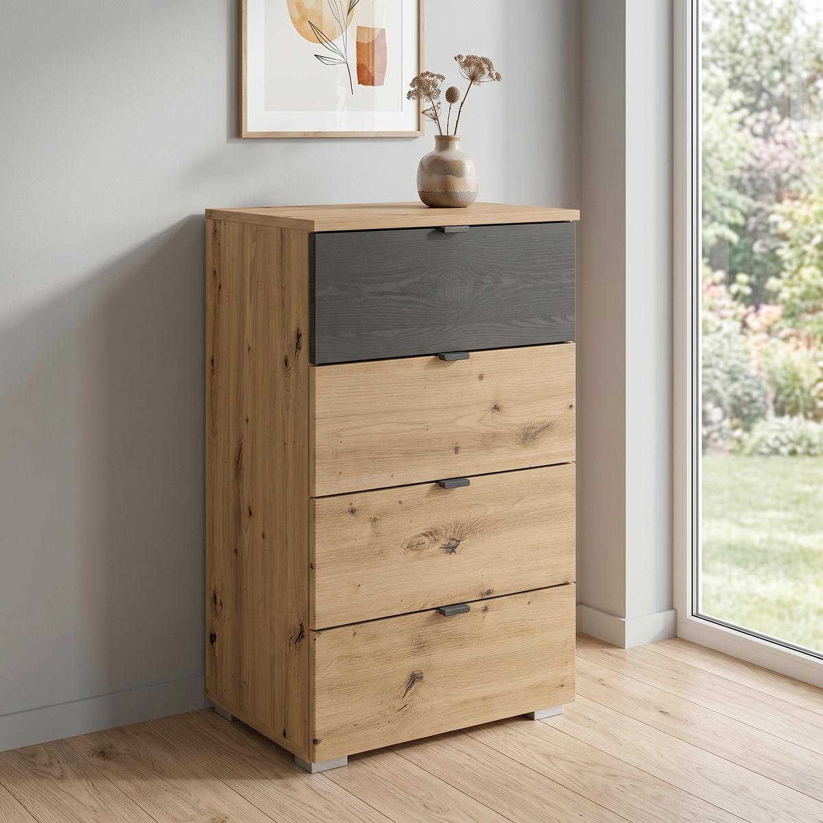 Kommode Apollon Schwarz/Eiche Artisan B: 40 cm - Alufarben/Schwarz, MODERN, Holzwerkstoff (40/81/42cm) - Rauch Möbel