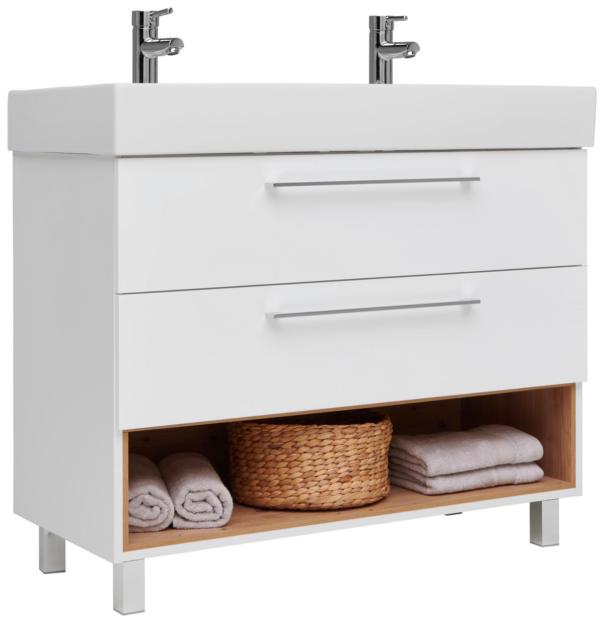 Skrinka pod umývadlo MURA - biela/chrómová, Modern, kov/kompozitné drevo (100/90/46,5cm)