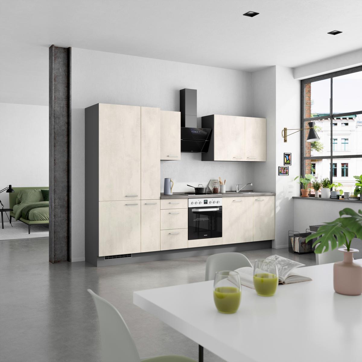 Kuchynská linka 300CM biely betón/ bridlicová šedá - biela/farba ušľachtilej ocele, Modern, kov/kompozitné drevo (300cm) - Nobilia