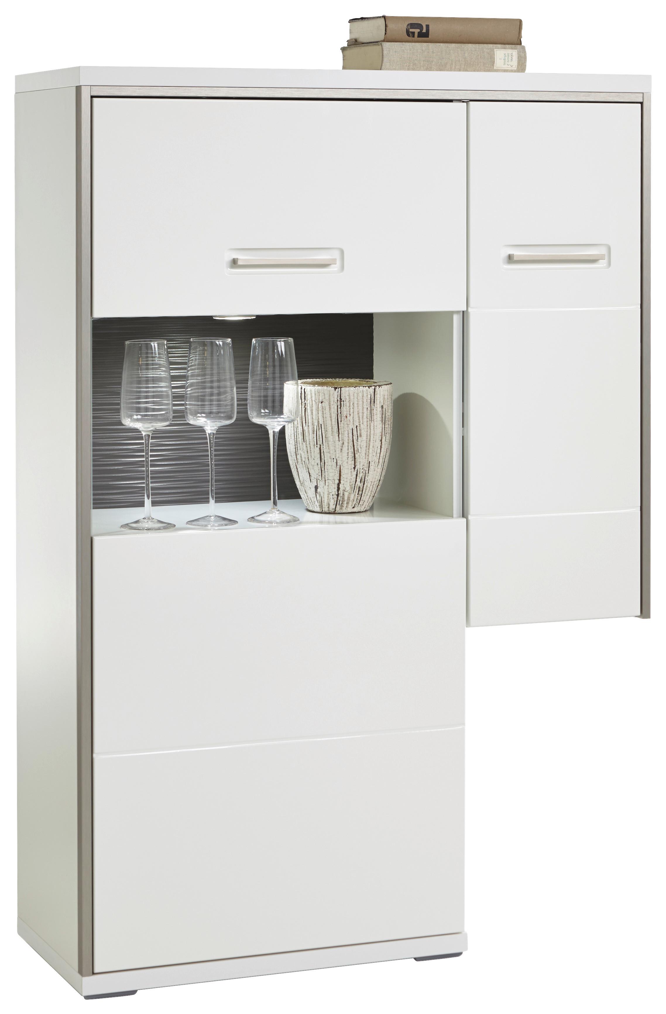 Highboard B: 94 cm Trento Grau/Silberfarben/Weiß - Weiß Hochglanz/Silberfarben, Design, Glas/Holzwerkstoff (94/137/38cm) - Livetastic