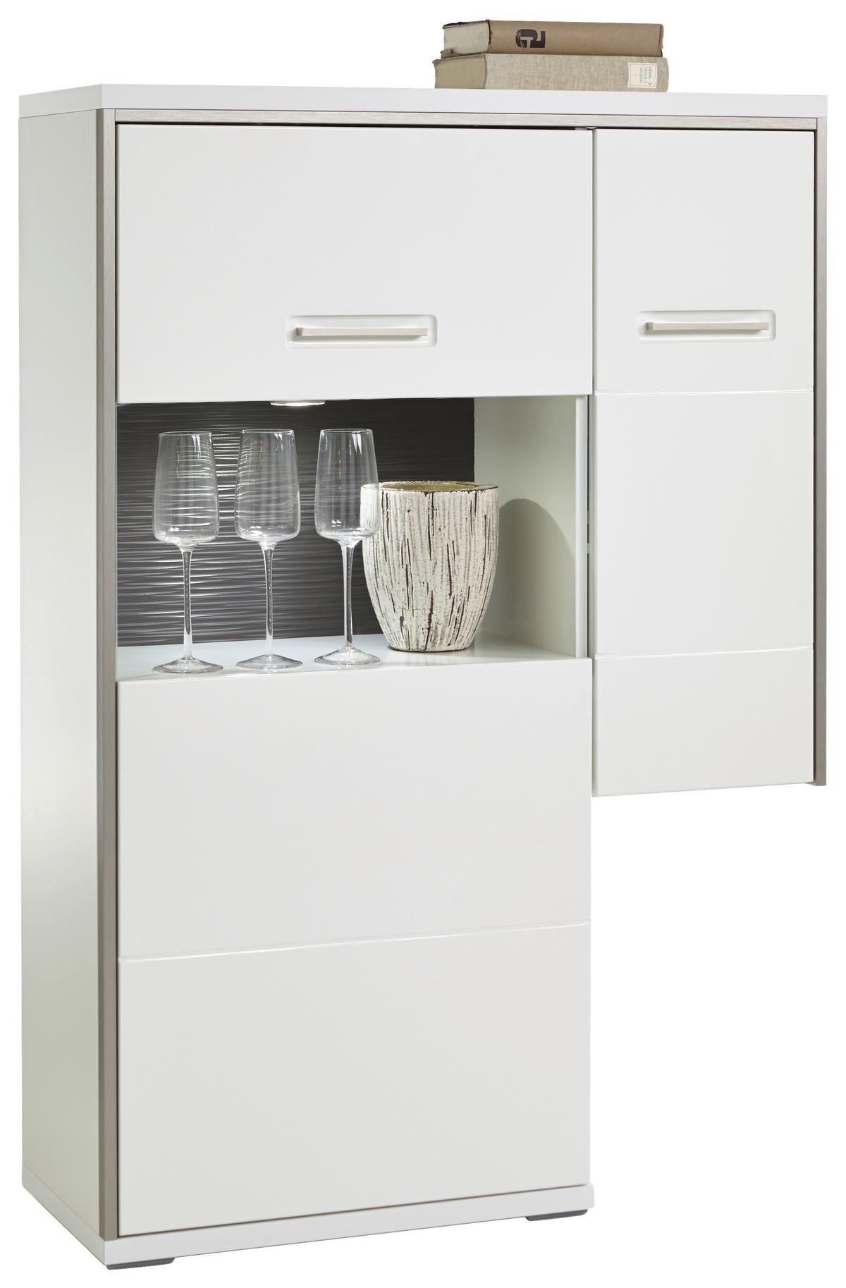 Highboard B: 94 cm Trento Grau/Silberfarben/Weiß - Weiß Hochglanz/Silberfarben, Design, Glas/Holzwerkstoff (94/137/38cm) - Livetastic