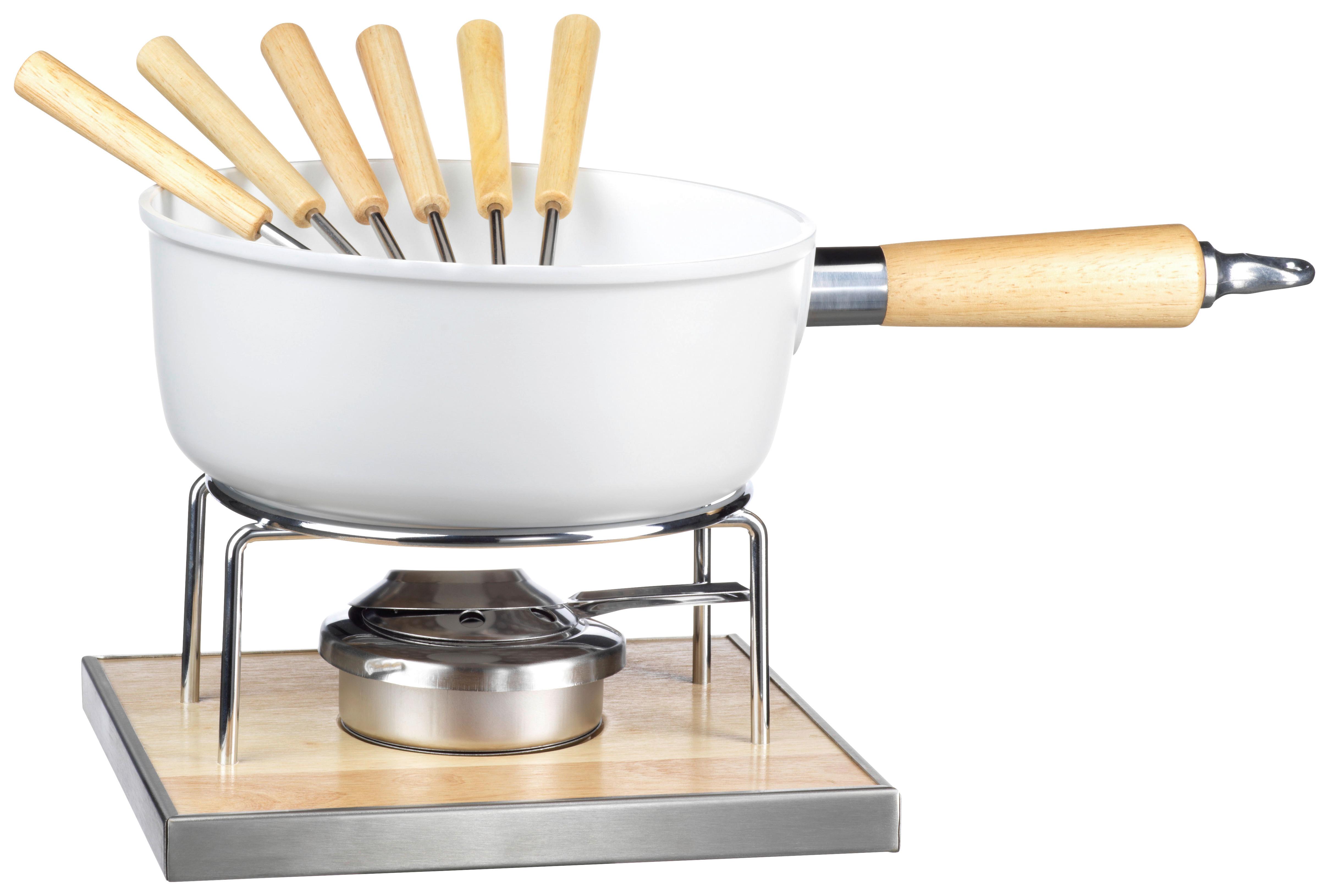 Fondue-Set 6 Gabeln Edelstahl - Hellbraun/Weiß, Trend, Holz/Metall (37,5/19/20cm) - Mäser