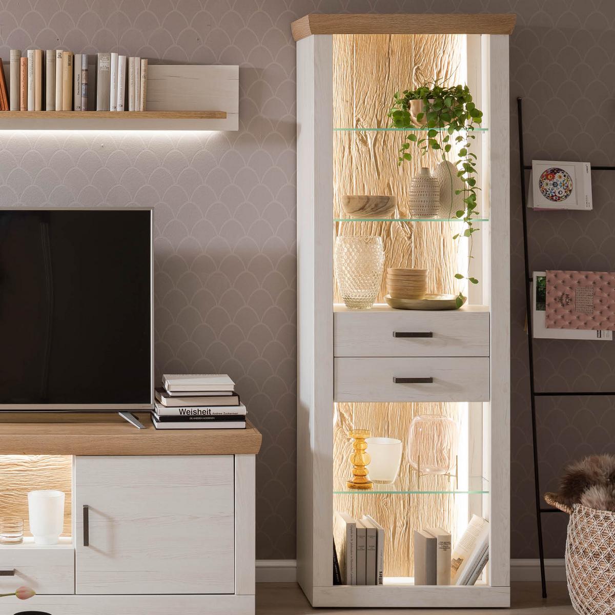 Wohnkombination 4-Tlg. Madrid Eiche-/Pinienfarben - Eichefarben/Schwarz, Design, Glas/Holzwerkstoff (343/205/50cm) - MID.YOU