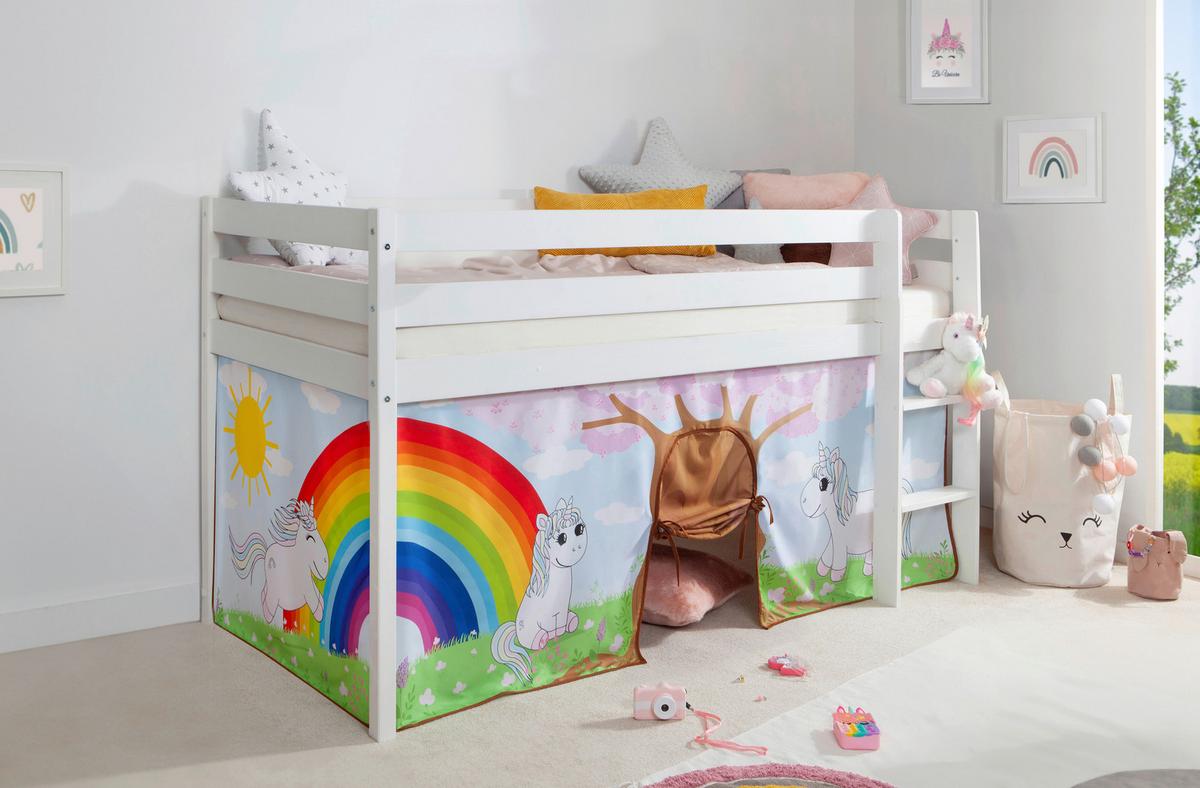 Hochbett Malte Weiß inkl. Rollrost, Matratze, 90x200 cm - Weiß/Naturfarben, Natur, Holz/Textil (90/200cm) - MID.YOU