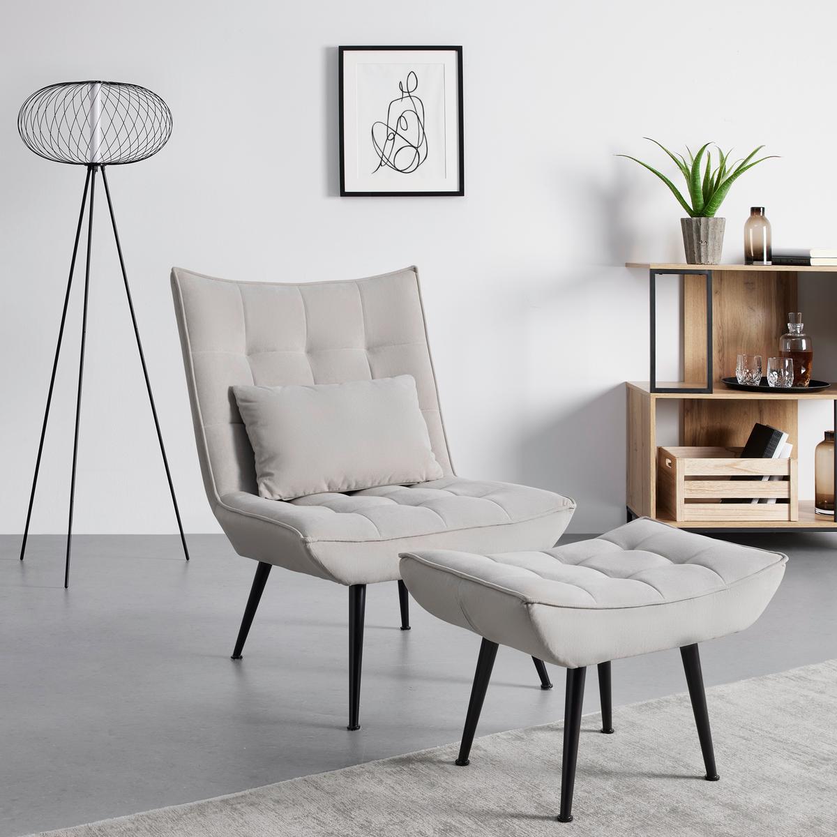 Čalúnené kreslo s podnožkou TOMA, svetlosivé - čierna/svetlosivá, Modern, kov/drevo (68/95/66cm) - Bessagi Home