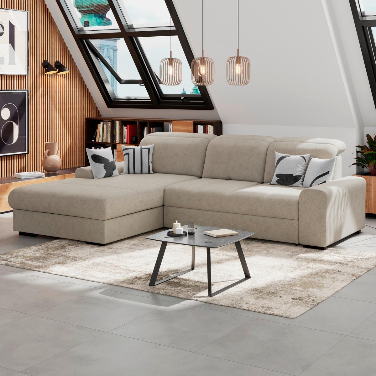 Ecksofa mit Bettfunktion Malaga new Chenille beige - Beige/Schwarz, KONVENTIONELL, Textil (203/286cm) - Ondega